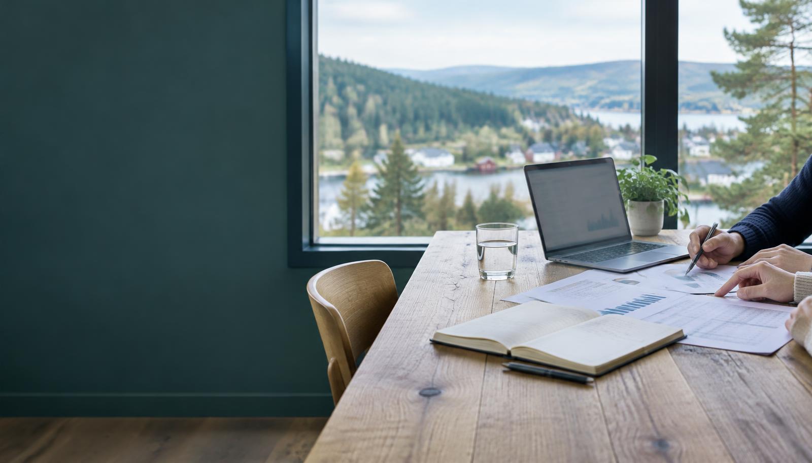 Arbeidsbord med budsjett, notater og en nettside under arbeid